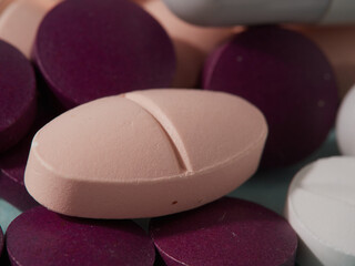Various medications: pills, blister pack pills, medications, macro, selective focus, copy space