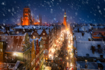 Night scenery of the Main Town of Gdansk during snowfall, Poland
