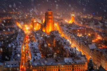 Night scenery of the Main Town of Gdansk during snowfall, Poland