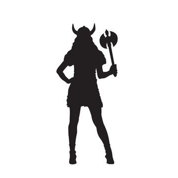 recommend clip art: Female Viking warrior with horned helmet silhouette. Vector illustration of barbarian warrior.