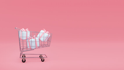 Shopping cart filled with wrapped gifts in pink background, 3d rendering. Mockup design of a supermarket wheel basket with presents, concept of holiday shopping and sale season