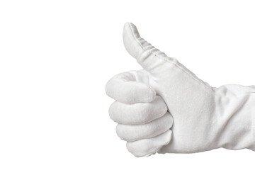 a gesture of approval. A hand in a white glove with a raised thumb. Positive hand gesture