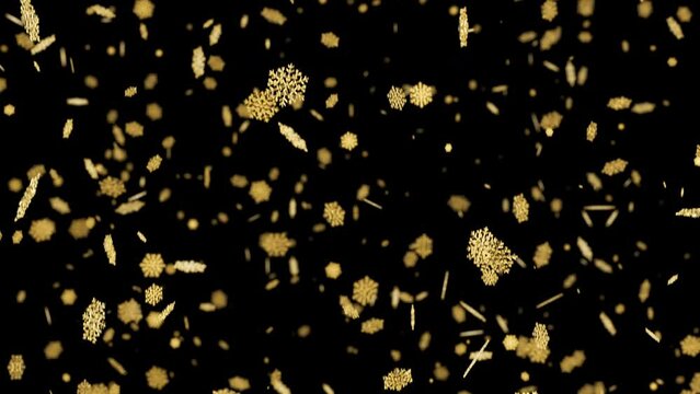 Golden snowflakes slowly falling down with soft focus. New Year or birthday background Loopable 3D animation.