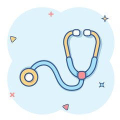 Stethoscope icon in comic style. Heart diagnostic cartoon vector illustration on isolated background. Medicine splash effect sign business concept.