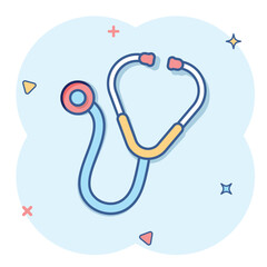 Stethoscope icon in comic style. Heart diagnostic cartoon vector illustration on isolated background. Medicine splash effect sign business concept.