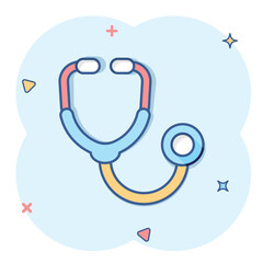 Stethoscope icon in comic style. Heart diagnostic cartoon vector illustration on isolated background. Medicine splash effect sign business concept.