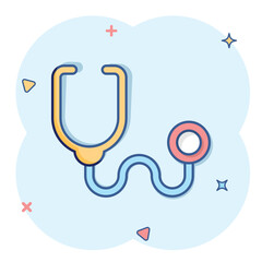 Stethoscope icon in comic style. Heart diagnostic cartoon vector illustration on isolated background. Medicine splash effect sign business concept.