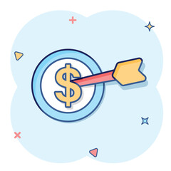 Darts target with dollar icon in comic style. Budget deposit cartoon vector illustration on isolated background. Strategy achievement splash effect sign business concept.