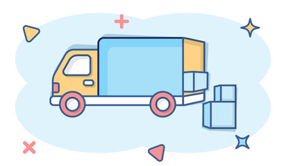 Fototapeta premium Shipping fast icon in comic style. Delivery truck cartoon vector illustration on isolated background. Express logistic splash effect sign business concept.