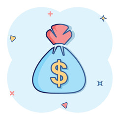 Money bag icon in comic style. Moneybag cartoon vector illustration on isolated background. Coin sack splash effect sign business concept.