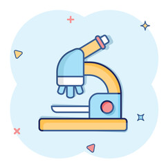 Obraz na płótnie Canvas Microscope icon in comic style. Laboratory magnifier cartoon vector illustration on isolated background. Biology instrument splash effect sign business concept.