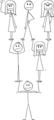 Team of People Standing in Hierarchy, Management Reverse Pyramid , Vector Cartoon Stick Figure Illustration