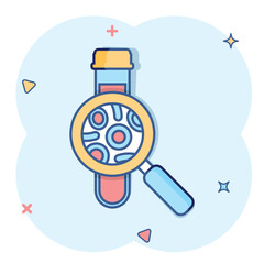 Blood test tube icon in comic style. Hematology cartoon vector illustration on isolated background. Laboratory flask splash effect sign business concept.