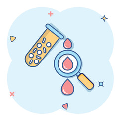Blood test tube icon in comic style. Hematology cartoon vector illustration on isolated background. Laboratory flask splash effect sign business concept.