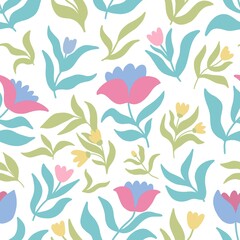 Fototapeta premium Modern floral seamless pattern, stylised tulip, meadow yellow flowers background.
