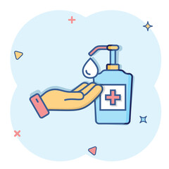 Obraz na płótnie Canvas Hand sanitizer icon in comic style. Antiseptic bottle cartoon vector illustration on isolated background. Disinfect gel splash effect sign business concept.