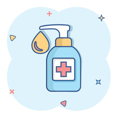 Hand sanitizer icon in comic style. Antiseptic bottle cartoon vector illustration on isolated background. Disinfect gel splash effect sign business concept.