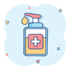 Hand sanitizer icon in comic style. Antiseptic bottle cartoon vector illustration on isolated background. Disinfect gel splash effect sign business concept.
