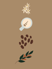 Coffee set with flowers branch beans and mug