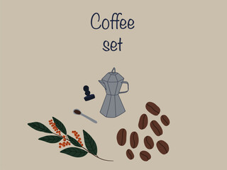 Coffee set brown background beans branch 