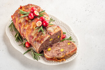 Terrine of pork with pistachios, cherries, chicken and bacon