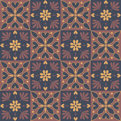 Dark stylish ceramic tile, square seamless pattern with ornate curlicues and fantasy flowers