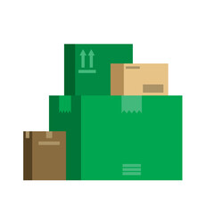 Pile of boxes. Package delivery. Various mail shipping boxes. Stockpile of goods. Sealed boxes ready for distribution. Shopping. Shipping gifts for holidays. Eco green and brown. Vector illustration.