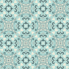 Ornate trendy design ceramic tile blue mint pastel color, Arabic style decorative wall decoration, vector illustration