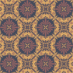 Decorative square shaped ceramic tiles, brown brick dark color and ornate arabic pattern, vintage vector illustration