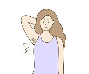Unhappy young woman with dark hairy armpit problem. Beauty routine, hygiene, laser innovation, hair removal, body skin care concepts. Hand drawn character vector isolated illustration.