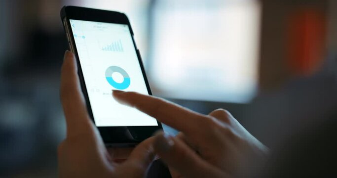 Smartphone screen, graphs and business hands on data analytics, seo market research and website statistics for algorithm. Financial, profit and report analysis on fintech with worker using phone app