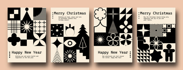 Geometric minimalist Christmas posters. Modern bauhaus brutalist bold shapes, primitive blocks swiss style. Trendy Winter Holidays art templates.	