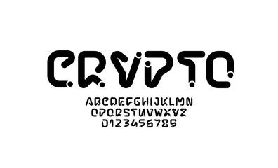 Digital alphabet font, crypto letters and numbers made in dotted style