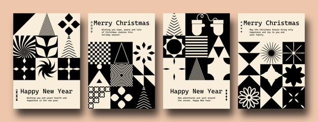 Geometric minimalist Christmas posters. Modern bauhaus brutalist bold shapes, primitive blocks swiss style. Trendy Winter Holidays art templates.	 - obrazy, fototapety, plakaty