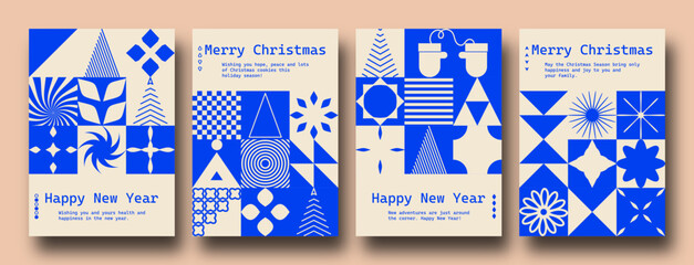 Geometric minimalist Christmas posters. Modern bauhaus brutalist bold shapes, primitive blocks swiss style. Trendy Winter Holidays art templates.	