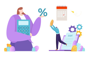 Accounting online operation female tiny character calculate tax return percent, invoice payment flat vector illustration, isolated on white.