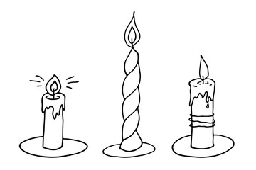 Burning candle set. Doodle illustration. Hand drawn clipart for card, logo, design