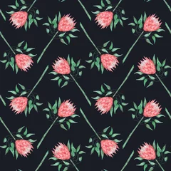 Fototapeten Seamless pattern with watercolor protea flowers. Boho floral pattern on black background © akini