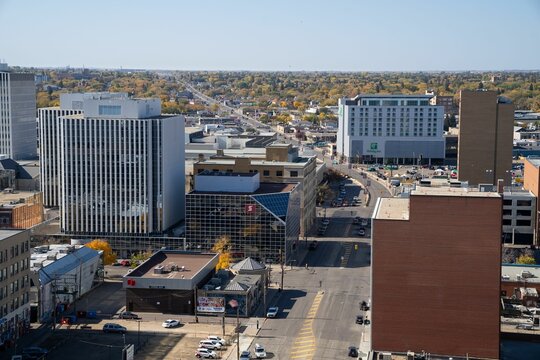 Aerial view of the cityscape of Saskatoon, Canada in the fall