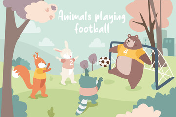 Animals playing football concept background. Rabbit, badger and raccoon kick ball and boar goalkeeper catches it at gate. Cute pets on playground in forest. Illustration in flat cartoon design