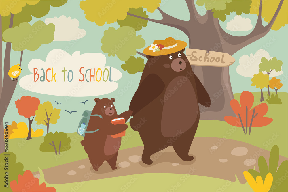 Wall mural Welcome to school concept background. Cute animals studying and going to lessons. Rabbit and squirrel greet raccoon, students with backpacks stand by bus. Illustration in flat cartoon design