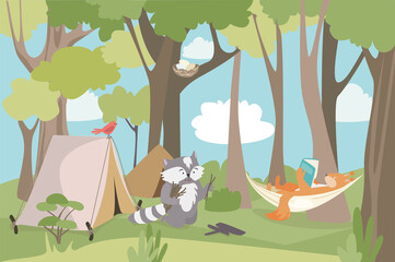 Camping with friends concept background. Cute animals rest with tent. raccoon collects firewood and makes campfire. Squirrel reading book lying in hammock. Illustration in flat cartoon design