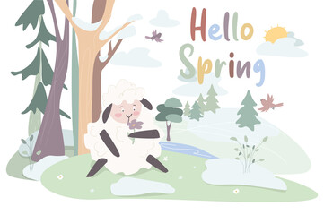 Crazy spring concept background. Cute animals greeting springtime. Happy rabbit jumping, sheep riding bear, boar riding swing, pets having fun in forest. Illustration in flat cartoon design