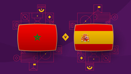 morocco spain playoff round of 16 match Football Qatar, cup 2022. 2022 World Football championship match versus teams intro sport background, championship competition poster, vector illustration - obrazy, fototapety, plakaty