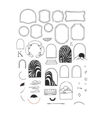 Hand drawn abstract vector graphic sign clipart illustrations collection set of line art logo frames and borders.Simple Design concept.Bohemian contemporary line art.Vector abstract design elements. - 550861597