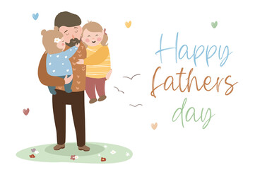 Happy Father's day concept background. Cute dad hugs his daughters and holds them in his arms. Happy little girls cuddle and congratulate father on holiday. Illustration in flat cartoon design