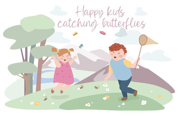 Happy kids catching butterflies concept background. Smiling little girl and boy running in green meadow with butterfly net and playing together outdoor. Illustration in flat cartoon design