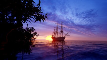 Sailing ship in the evening sunset © MICHAEL KUK