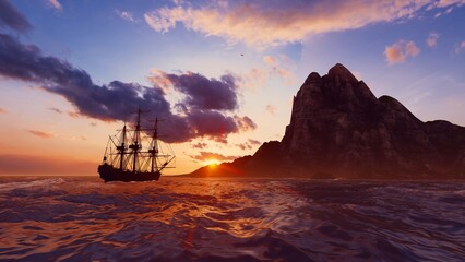 Ocean, island and ancient ship silhouette © MICHAEL KUK