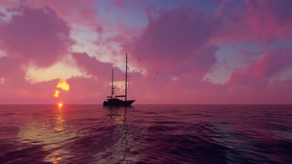 Fototapeta premium Yacht on the sea surface at sunset